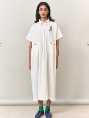 Runaway Bicycle Embroidered Cream Button-Up Midi Dress size small NWT